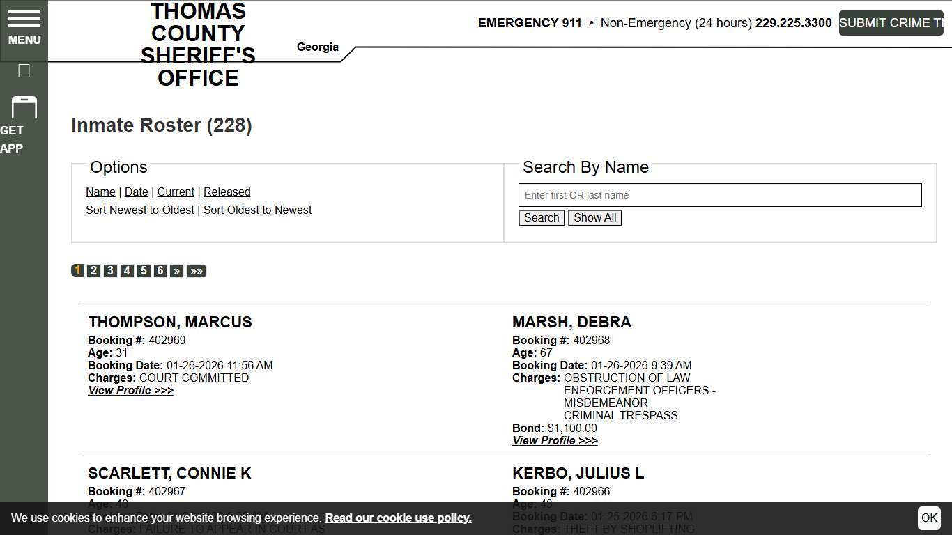 Inmate Roster Thomas County Sheriff's Office Sort Booking Time - Descending Page 1
